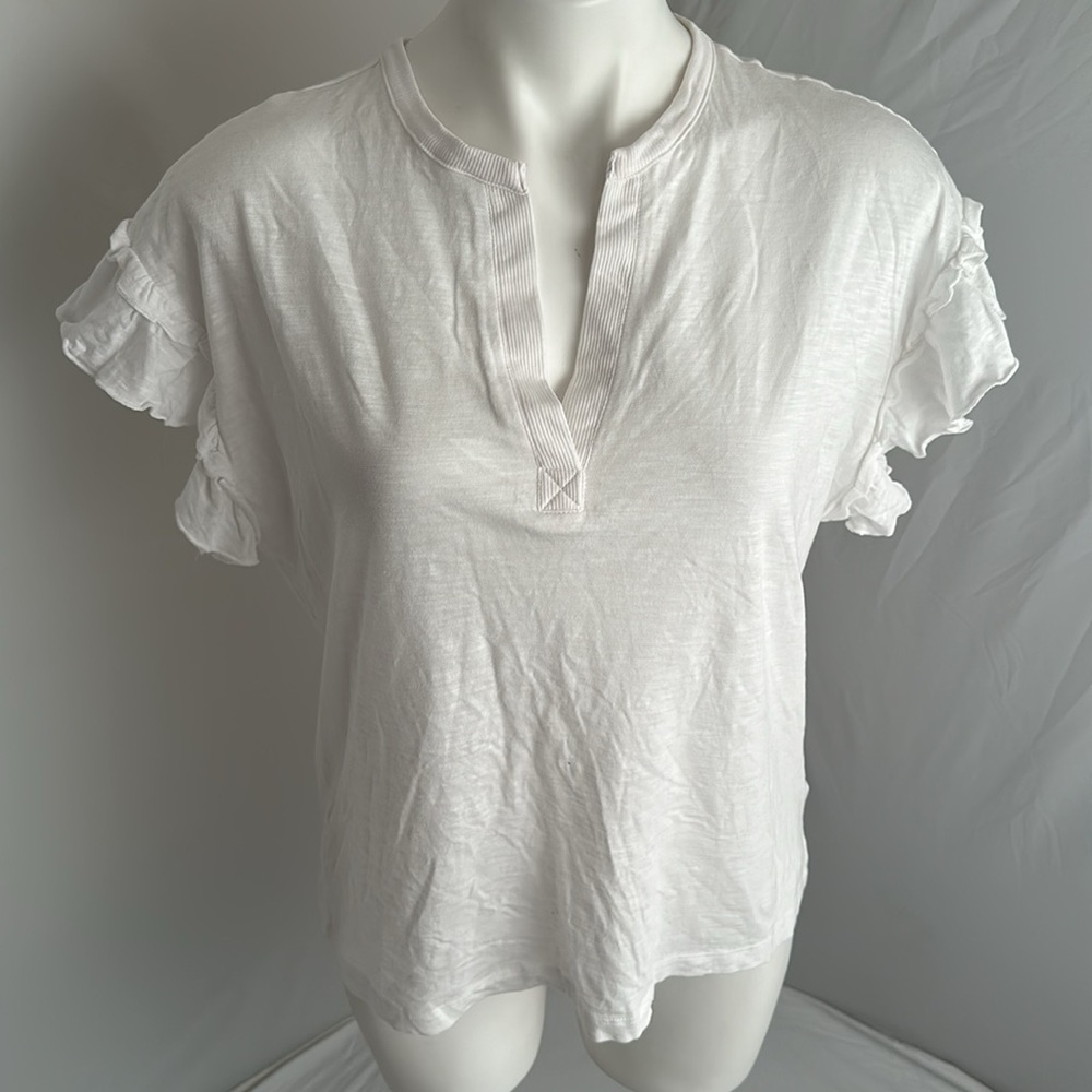 Another Love White Flutter Sleeve Split Neck T-Sh… - image 1